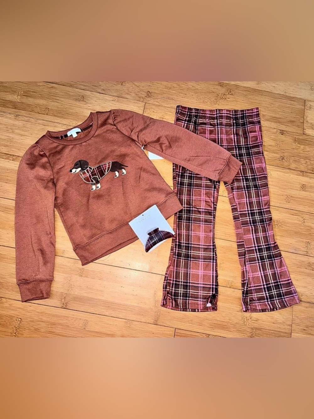 NWT Girl’s Size 7 Plaid Dog Outfit - Crewneck Top & Flare Pants Set Dachshund